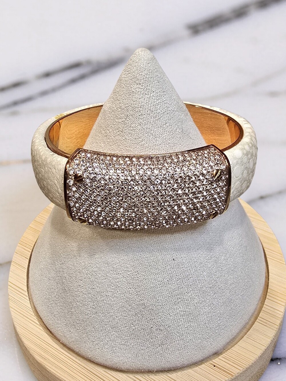 Henri Bendel Rose Gold PavΓ© Crystal Leather Hinged Cuff Bracelet